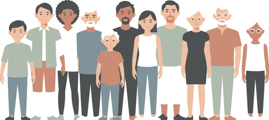Obraz premium Diverse group of people standing together in a line, showcasing different ages and cultures in a vector illustration