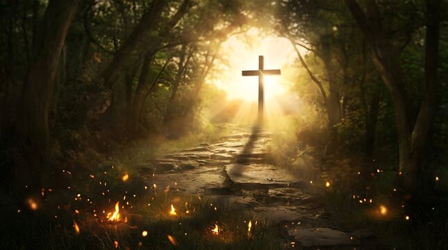 A cross stands prominently on a path, with light streaming through the trees