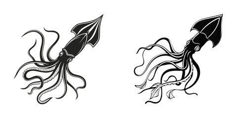 Fototapeta premium Two Stylized Black Squids With Tentacles Isolated on White Background