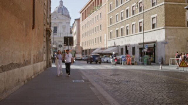 Blurred rome street with shallow bokeh and defocused architecture; background backplate copyspace overlay calm.