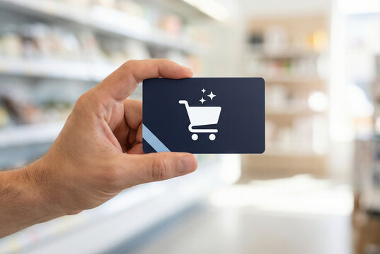 Hand holding card with shopping cart icon on blurred supermarket background, concept of loyalty card and retail gift voucher