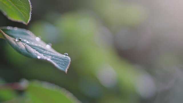 Close-up of a lush green leaf covered in glistening water droplets, bathed in soft natural light, symbolizing freshness and new beginnings.