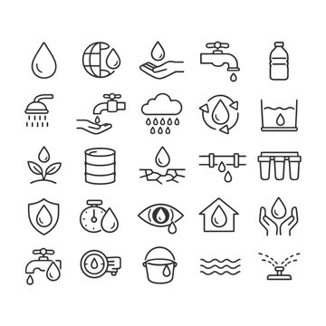 Collection of water conservation and sustainability line icons.