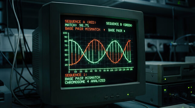 DNA sequence analysis on vintage computer monitor showing base pair mismatch and chromosome data in dark lab environment with cables and equipment