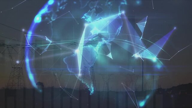 Animation of globe and shapes over electricity poles at sunset