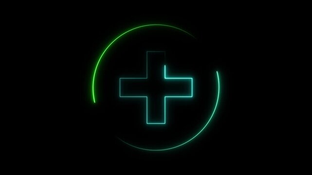Glowing cyan neon plus symbol with green arc animation on black background. Glowing cyan neon plus sign futuristic technology concept. Glowing cyan neon plus digital icon symbol visual.