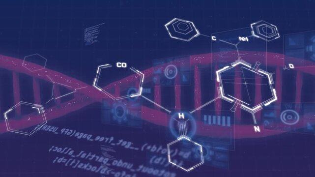 Animation of chemical formulas, data processing and dna in navy space