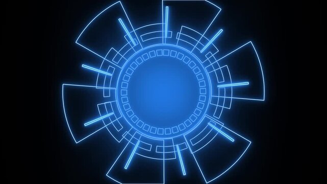 Futuristic blue neon circular hud interface element animation on black background. Futuristic blue neon circular hud technology . Futuristic blue neon circular hud digital data visualization.
