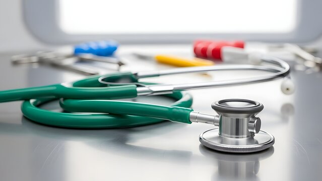Medical stethoscope on a table with colorful medical equipment in the background