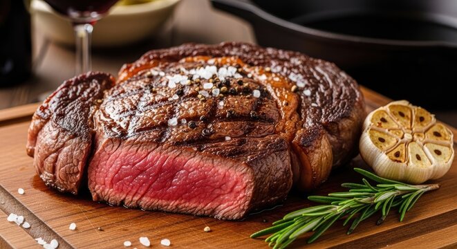 A perfectly seared, thick-cut ribeye steak rests on a wooden cutting board. The steak boasts a rich, dark brown crust and a vibrant red interior.