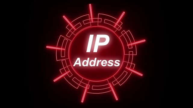 Red neon ip address text within circular digital interface animation on black background. Red neon ip address internet protocol technology concept. Red neon ip address network data visualization.