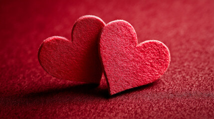 Fototapeta premium Two red felt hearts placed on a soft, textured background.