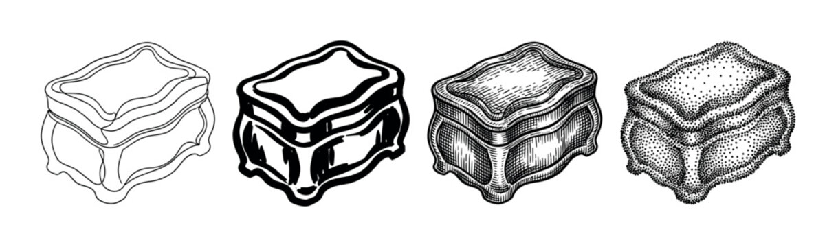 Ornate decorative boxes rendered in diverse artistic drawing styles, perfect for elegant design elements and vintage-themed projects.
