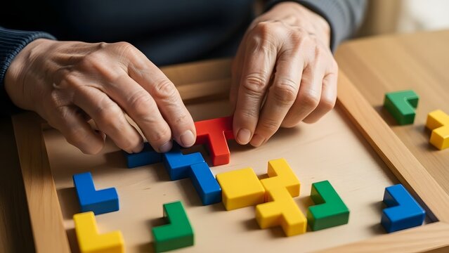 Elderly person engaging in puzzle game with colorful wooden blocks