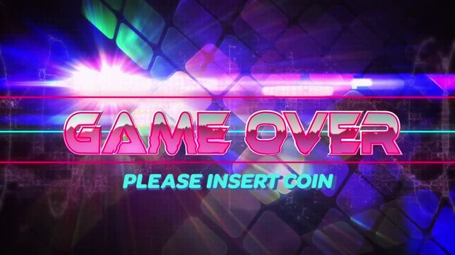 Animation of game over text in pink letters over digital interface pattern
