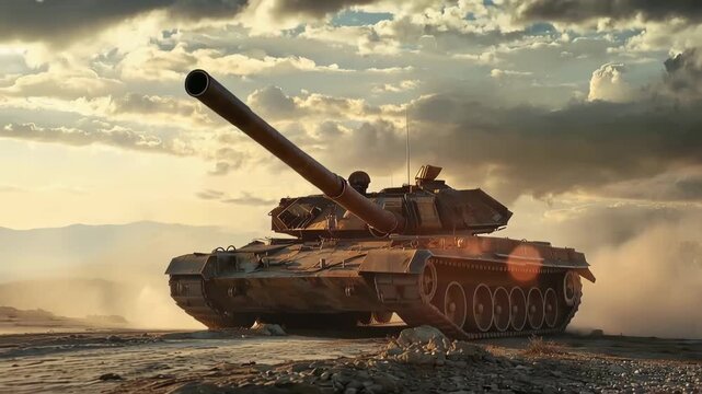 Ironclad Sentinel: A formidable tank stands poised on a dusty terrain under a dramatic sky, symbolizing strength, military might, and the resilience of armored warfare.