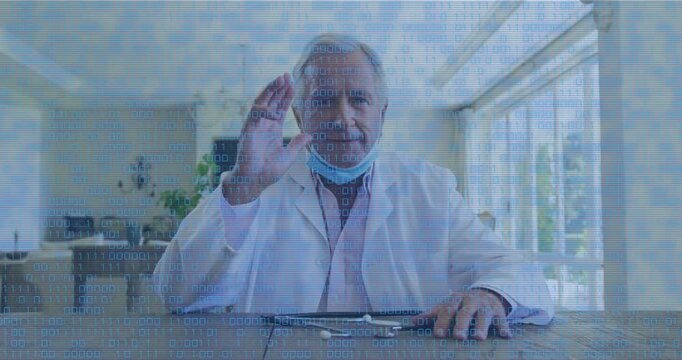 Animation of binary coding over caucasian senior doctor talking on videocall at home