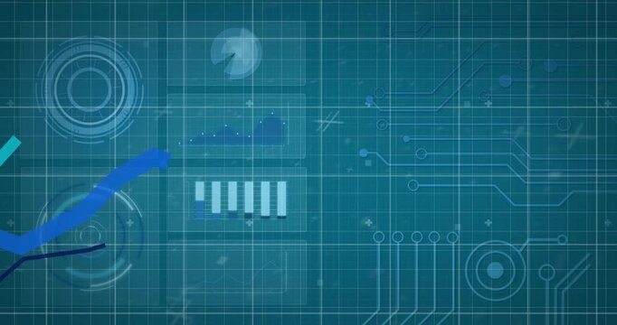 Animation of pizza icons over financial data processing on blue background