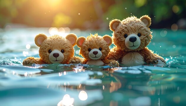 Three stuffed teddy bears happily swim in bright turquoise water with sunlit bokeh background on a clear sunny day