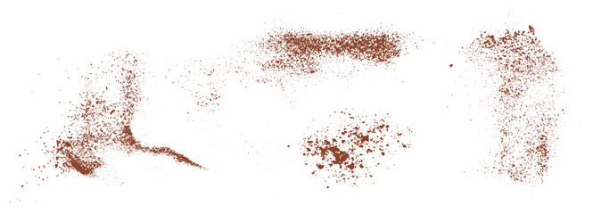 Plakat Horizontal set of brown powder splatter textures isolated on white background. Top view cinnamon, coffee or cocoa dust. Grunge overlay elements.