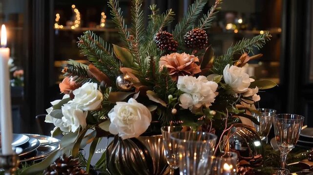 Festive Floral Centerpiece: A stunning and intricately arranged floral centerpiece graces a beautifully set table, the warm glow of candlelight enhancing the elegance of a festive dining experience.