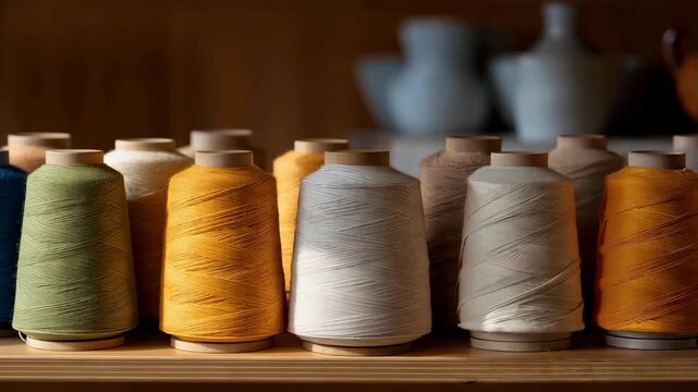 A beautifully organized shelf filled with acrylic yarn cones, highlighting the versatility and utility of this material for textile artists who value quality and accessibility in their crafting