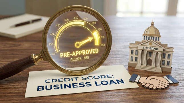 Credit score business loan concept with magnifying glass showing pre approved score 785, bank building model, and handshake icon on wooden table