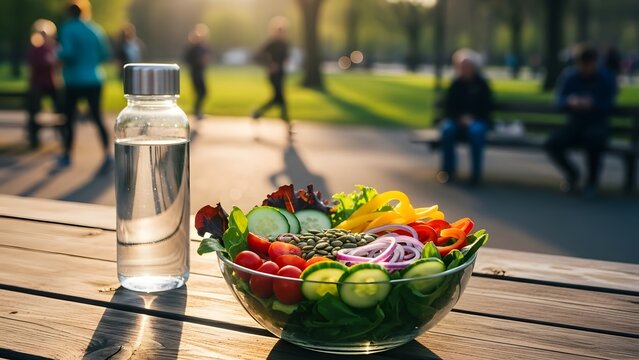 Healthy salad bowl with water bottle on outdoor picnic table in park