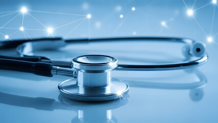 Stethoscope on a reflective surface with blurred lights in the background medical equipment for doctor's diagnosis and patient care