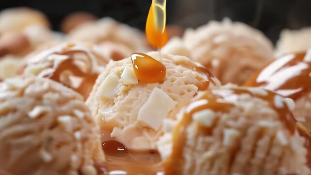 Delicious Dessert: A close-up view captures the delectable allure of ice cream scoops, generously drizzled with luscious caramel sauce, with a hint of white chocolate and a few peanuts.