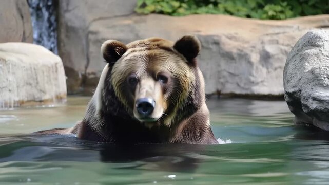 Bear in the Water: A majestic bear finds respite in cool water, its powerful form contrasting with the serene aquatic environment. This image captures the raw beauty and power of the wild.
