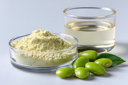 Fava bean protein powder in glass petri dish with fresh broad beans and plant extract, plant-based protein ingredient for food science, nutrition research, and sustainable food innovation.