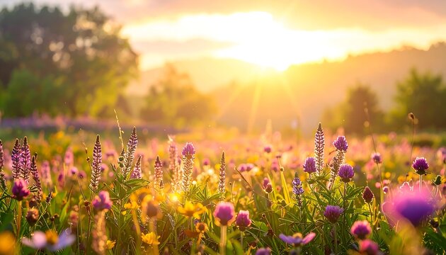 Sunny meadow filled with wildflowers, blooming under the golden light of a setting sun