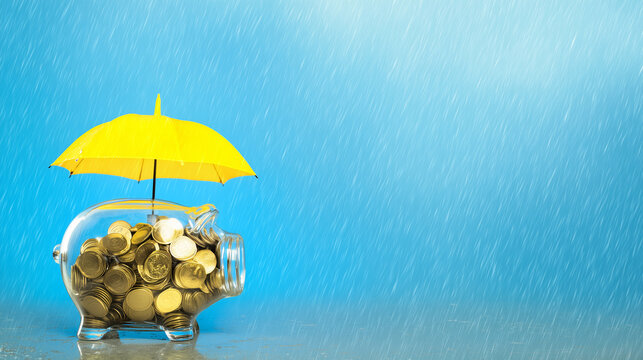 Piggy bank under umbrella protecting savings from rain symbolizing financial protection