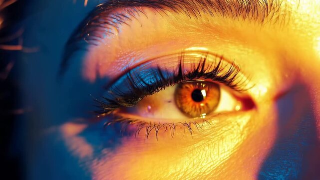 Intriguing Gaze in Warm Light: A close-up shot of a human eye, captivating the viewer with its piercing gaze, framed by long lashes, and illuminated by a warm, inviting glow. 