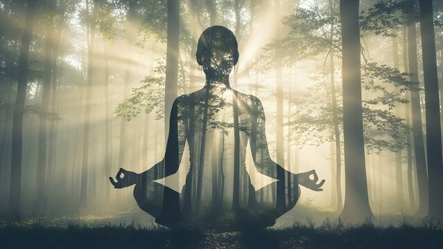 Meditative figure in ethereal forest setting with radiant light