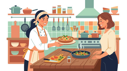 Two women cooking together in a kitchen preparing food.