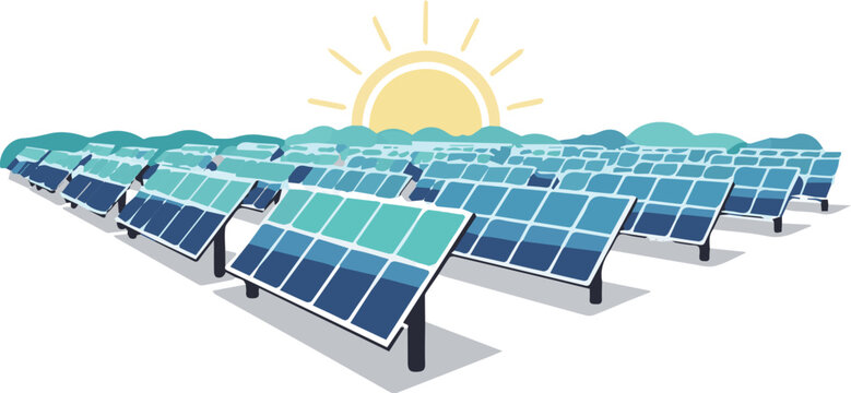 Rows of solar panels facing the sun in an open landscape