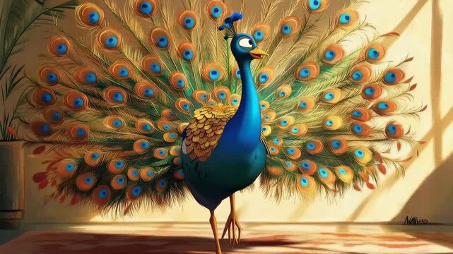 Peacock's Grand Display: A vibrant peacock struts proudly, showcasing its magnificent plumage in a dazzling spectacle of color and elegance.