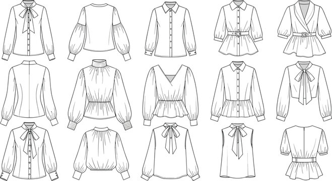 Women blouse fashion technical sketch collection, long sleeve shirt templates, bow tie collar, button up, flat vector clothing design set