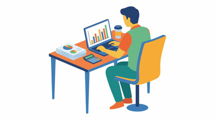 Fototapeta premium Man working on laptop at desk with charts.