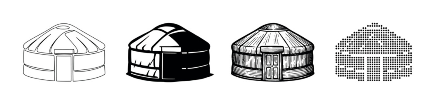 Four distinct yurts illustrated in various artistic styles representing traditional nomadic dwellings and cultural heritage.