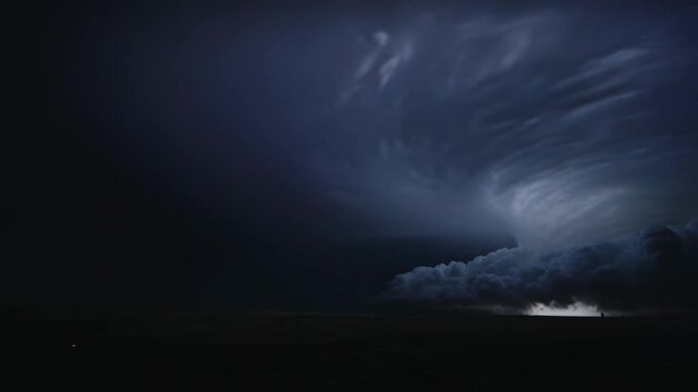 A powerful supercell storm cloud dramatically swirls across a dark night sky, intensely illuminated by internal lightning, symbolizing nature's raw, untamed power.
