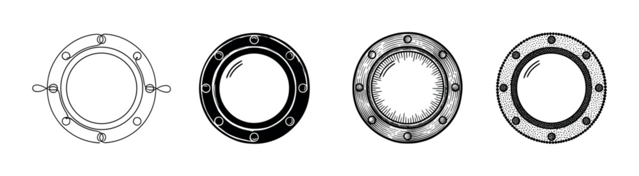 Four different portholes designs showcasing various artistic styles and intricate details suitable for maritime projects.