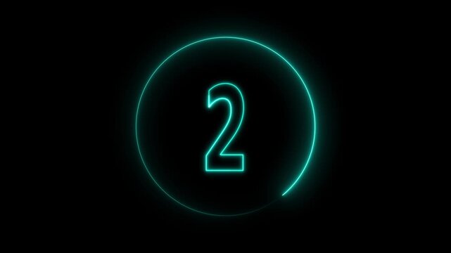 Teal neon number two inside circular frame animation on black background. Glowing numeric symbol badge with futuristic neon score display or digital interface motion graphic.