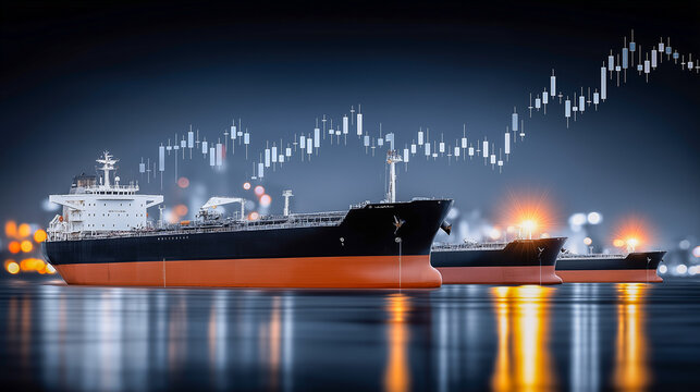 Cargo vessel anchored in a harbor with a financial graph overlay, representing maritime trade and the shipping industry in a contemporary port environment