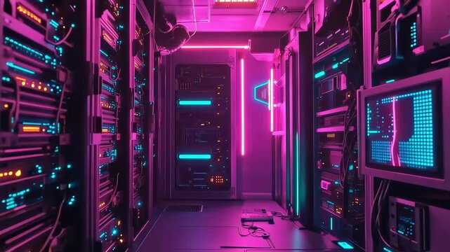 Cyber Data Center: A cutting-edge server room bathed in futuristic neon glow, showcasing high-tech hardware and data processing infrastructure.