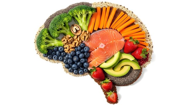 Vibrant brain shaped arrangement of fresh fruits and vegetables for healthy eating and nutrition