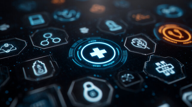  Glowing Digital Technology Icons on Dark Surface, Cybersecurity Healthcare Data Network Concept