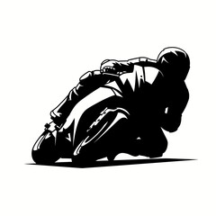 Dynamic monochrome silhouette of a sportbike rider dragging knee on track